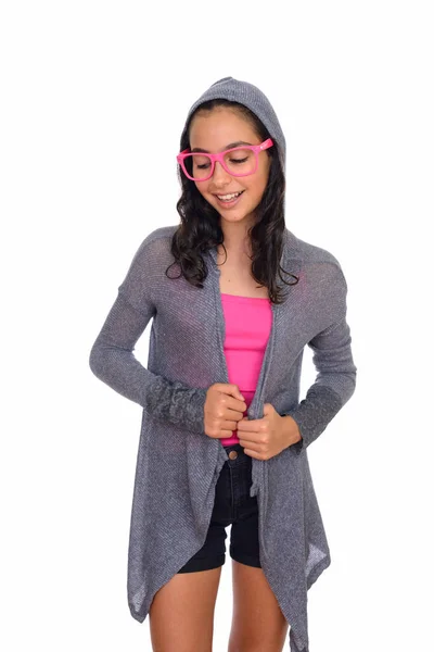Gözlüklü Beyaz Arka Planda Izole Edilmiş Genç Güzel Bir Kızın — Stok fotoğraf