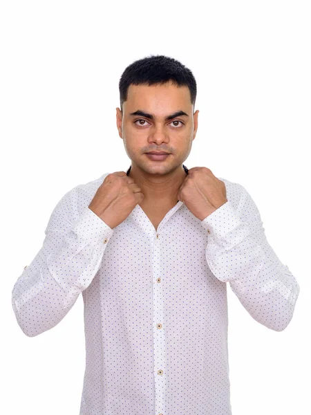 Studioaufnahme Eines Jungen Gut Aussehenden Indischen Geschäftsmannes Vor Weißem Hintergrund — Stockfoto