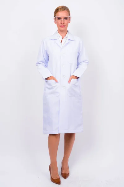 Studio Shot Beautiful Blonde Woman Doctor Scientist Protective Glasses White — Stock Photo, Image