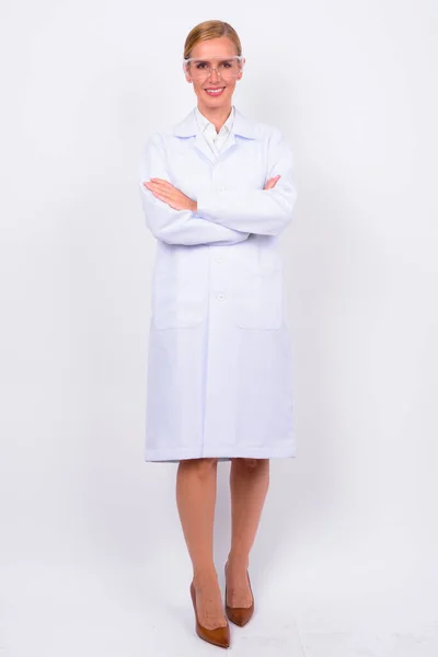 Estúdio Tiro Mulher Loira Bonita Médico Como Cientista Com Óculos — Fotografia de Stock