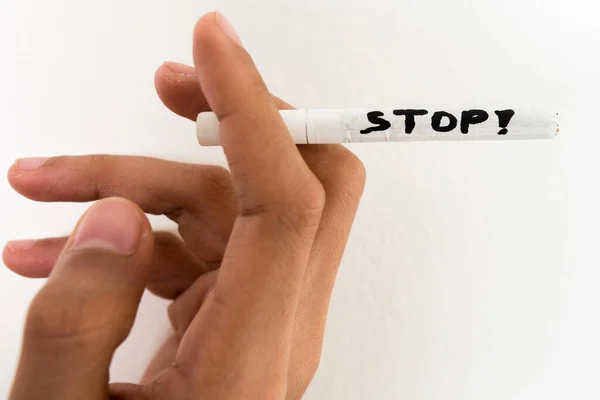 Portrait Hand Holding Cigarette Fingers Stop Text Written Concept Stop — Stock Photo, Image