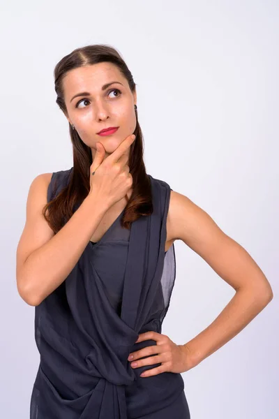 Studio Shot Van Jonge Mooie Vrouw Tegen Witte Achtergrond — Stockfoto