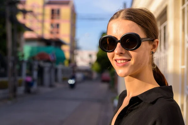Portrait Young Beautiful Woman Secret Agent City Streets Outdoors — Stock Photo, Image