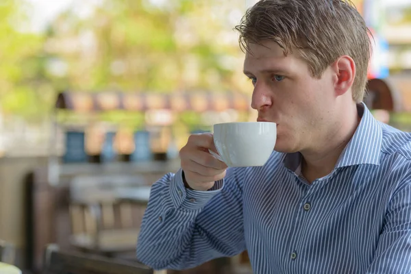 Portrait Young Handsome Blond Businessman Relaxing Coffee Shop Outdoors — Stock Photo, Image