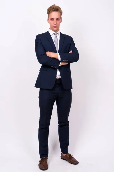 Studio Shot Young Handsome Scandinavian Businessman Curly Blond Hair White — Stock Photo, Image
