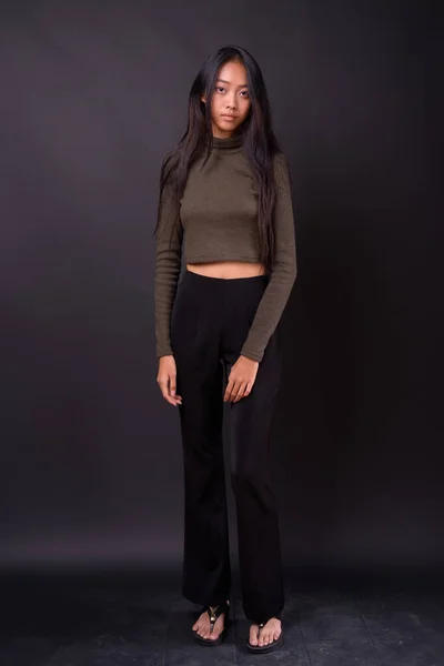 Studio Shot Young Beautiful Asian Woman Wearing Turtleneck Sweater Black — Stock Photo, Image