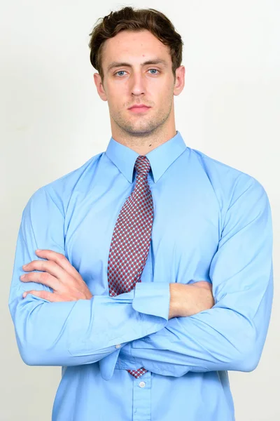 Studio Shot Young Handsome Businessman Wavy Hair White Background — Stock Photo, Image