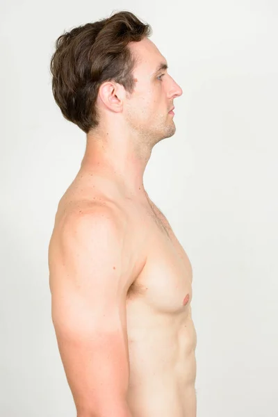 Estúdio Tiro Jovem Homem Musculoso Bonito Com Cabelo Ondulado Sem — Fotografia de Stock