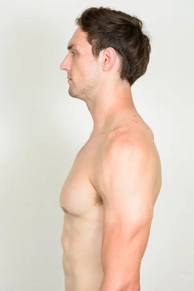 Estúdio Tiro Jovem Homem Musculoso Bonito Com Cabelo Ondulado Sem — Fotografia de Stock