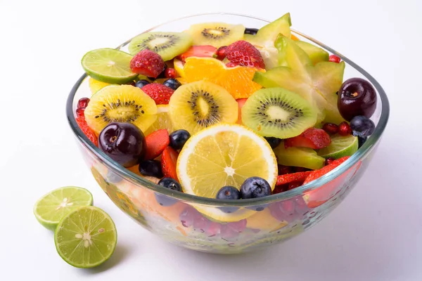 Assorted Delicious Fruits Served Glass Bowl White Background — Fotografia de Stock