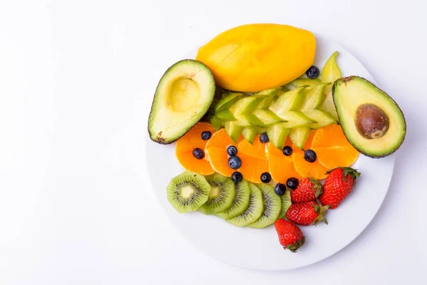 Assorted Delicious Fruits Served Plate White Background — Stockfoto