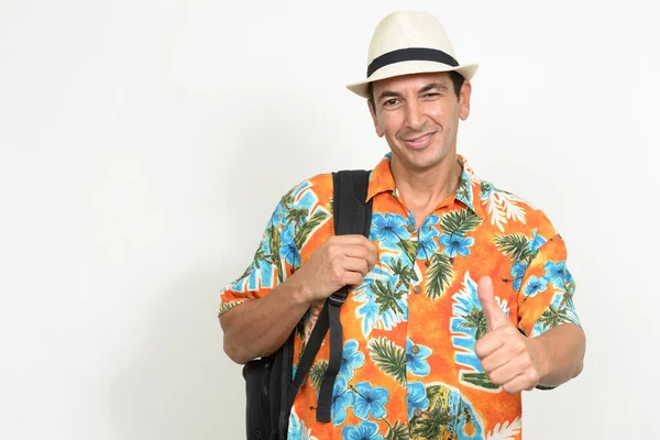 Studio Shot Mature Handsome Tourist Man Ready Vacation White Background — Φωτογραφία Αρχείου