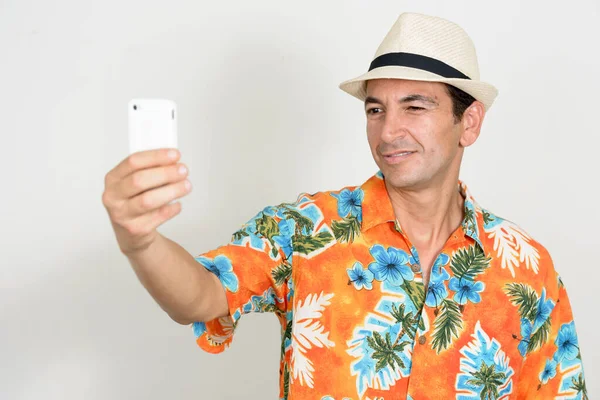 Studio Shot Mature Handsome Tourist Man Ready Vacation White Background — Stockfoto