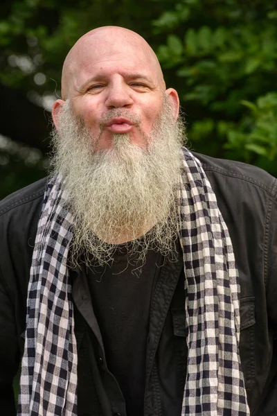 Portrait Mature Bald Hipster Man Long Beard Park Outdoors — Stock Photo, Image