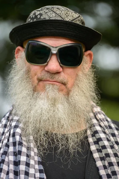 Portrait Mature Bearded Hipster Man Park Outdoors — Fotografia de Stock