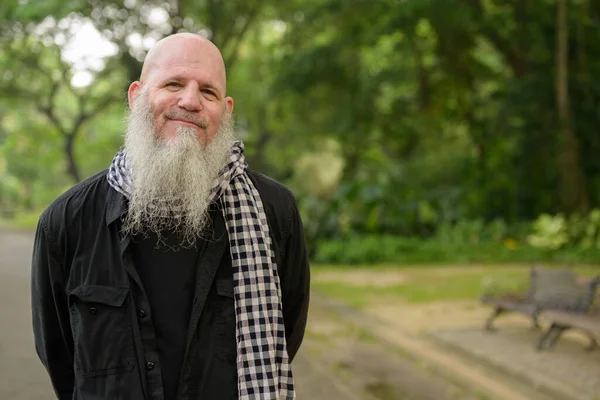 Portrait Mature Bald Hipster Man Long Beard Park Outdoors — Stockfoto