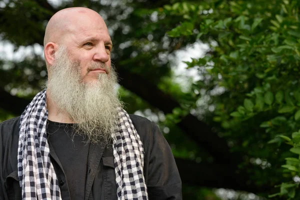 Portrait Mature Bald Hipster Man Long Beard Park Outdoors — Stockfoto