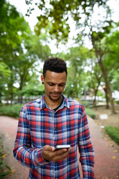 Portrait Young Handsome Bearded African Hipster Man Park Outdoors — Stock Photo, Image