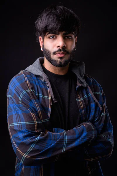 Studio Shot Young Handsome Bearded Indian Man Black Background — Stok fotoğraf