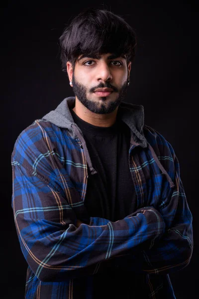 Studio Shot Young Handsome Bearded Indian Man Black Background — Stockfoto