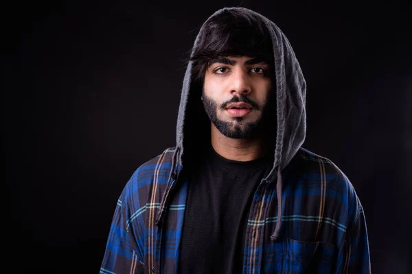 Studio Shot Young Handsome Bearded Indian Man Black Background — Stockfoto