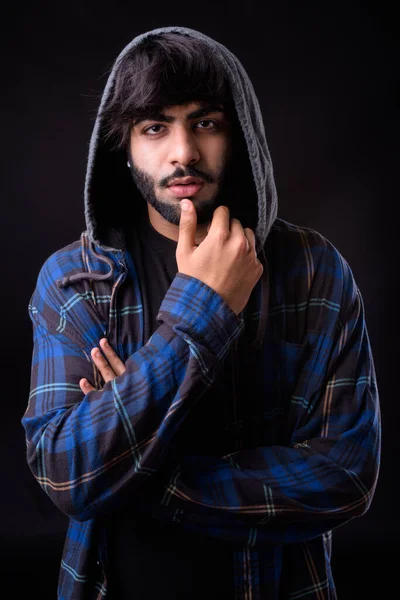 Studio Shot Young Handsome Bearded Indian Man Black Background — Fotografia de Stock