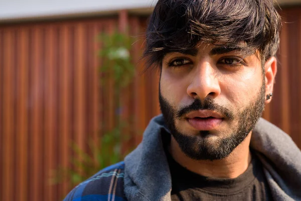 Portrait Young Handsome Bearded Indian Hipster Man Streets Outdoors — Stockfoto
