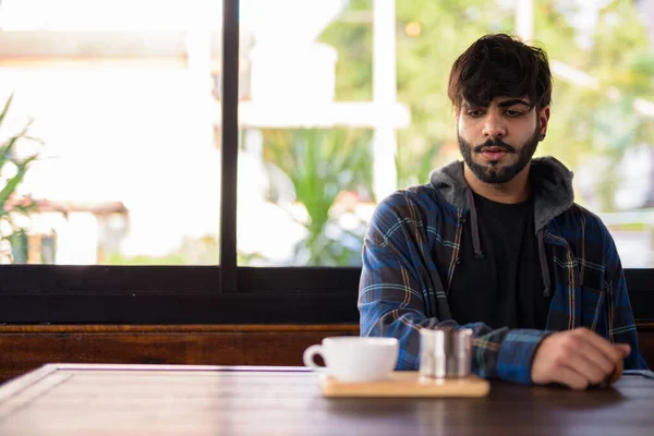 Portrait Young Handsome Bearded Indian Hipster Man Relaxing Coffee Shop — Photo
