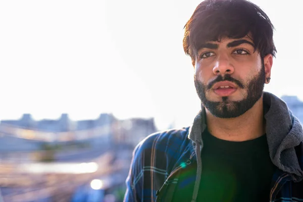 Portrait Young Handsome Bearded Indian Hipster Man City Streets Outdoors — Stockfoto