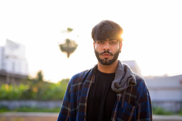 Portrait Young Handsome Bearded Indian Hipster Man City Streets Outdoors — Photo