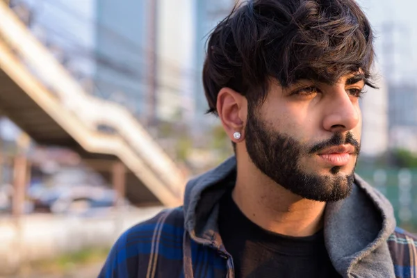 Portrait Young Handsome Bearded Indian Hipster Man City Streets Outdoors — Fotografia de Stock