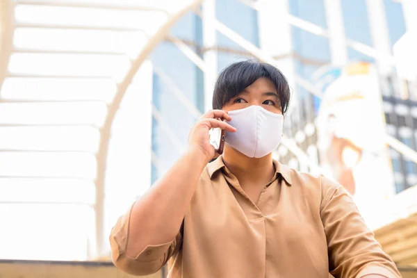 Portrait Overweight Asian Woman Mask Protection Corona Virus Outbreak Skywalk — Stock Photo, Image