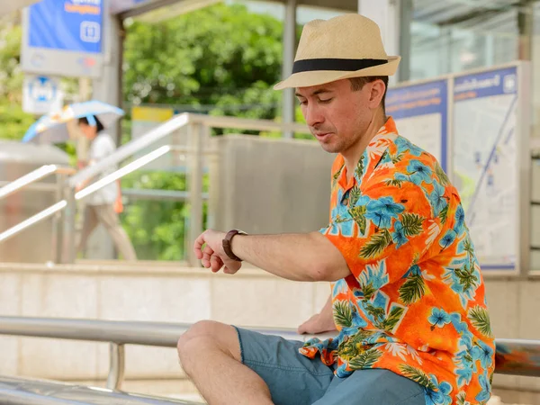 Portrait Young Handsome Tourist Man Subway Train Station City — Stock Photo, Image