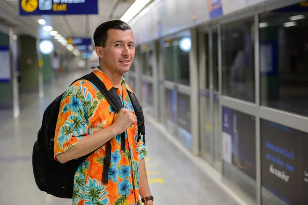 Portrait Young Handsome Tourist Man Subway Train Station City — Stock Photo, Image