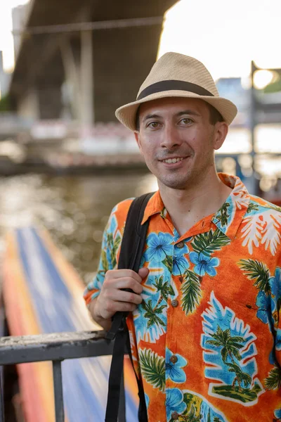 Portrait Young Handsome Tourist Man Pier View River Bangkok City — Stock Photo, Image