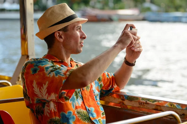 Portrait Young Handsome Tourist Man Riding Boat Public Transportation Bangkok — Stock Photo, Image