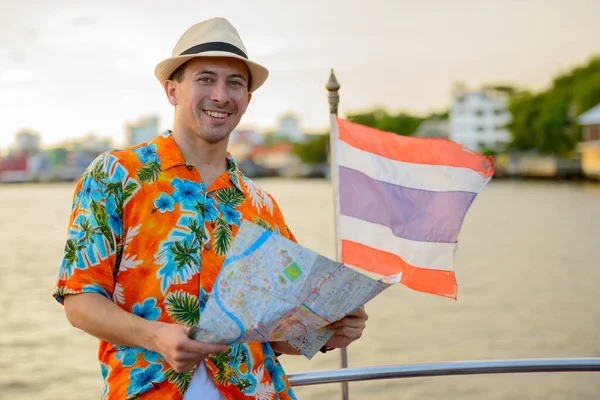 Portrait Young Handsome Tourist Man Pier View River Bangkok City — Stock Photo, Image