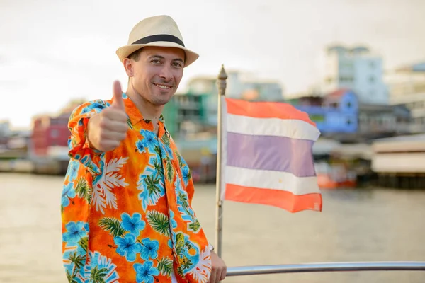 Portrait Young Handsome Tourist Man Pier View River Bangkok City — Stock Photo, Image
