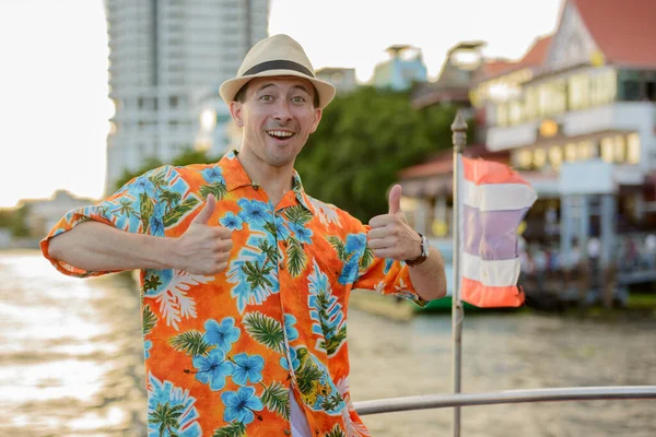 Portrait Young Handsome Tourist Man Pier View River Bangkok City — Stock Photo, Image