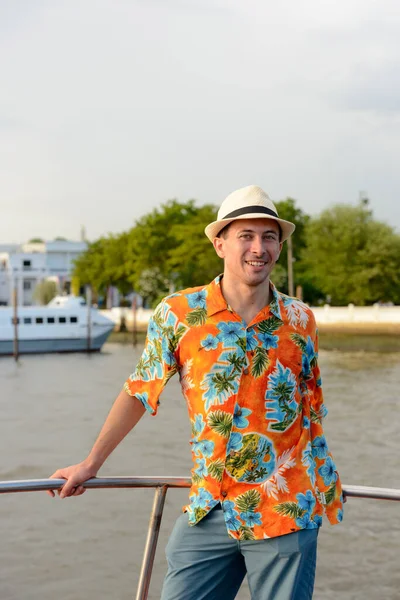 Portrait Young Handsome Tourist Man Pier View River Bangkok City — Stock Photo, Image