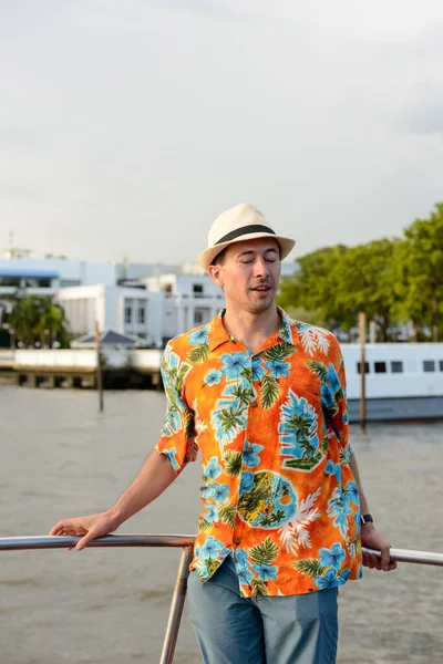 Portrait Young Handsome Tourist Man Pier View River Bangkok City — Stock Photo, Image