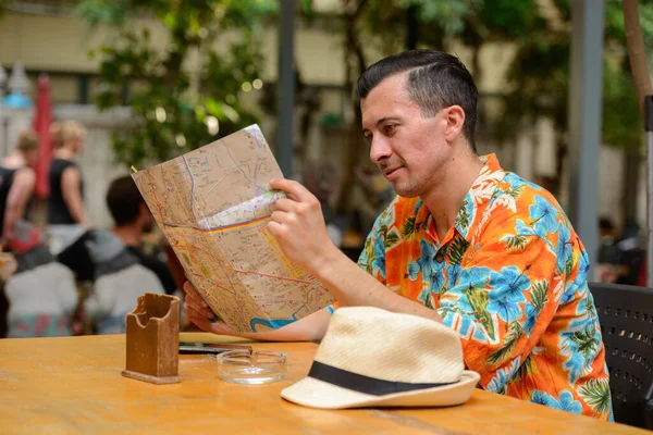 Portrait Young Handsome Tourist Man Restaurant City Outdoors — Stock Photo, Image