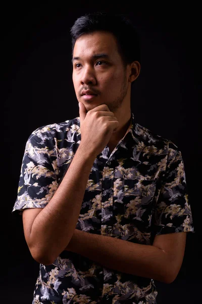 Studio Shot Young Asian Tourist Man Bohemian Shirt Black Background — Zdjęcie stockowe