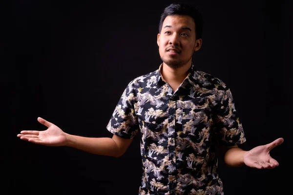Studio Shot Young Asian Tourist Man Bohemian Shirt Black Background — Stock Fotó