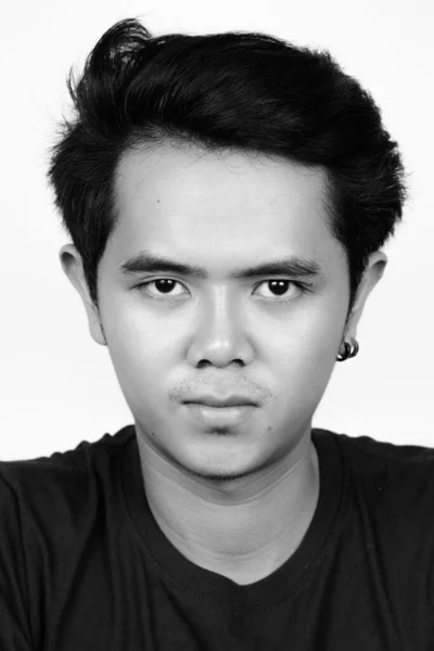 Studio Shot Young Asian Man Earrings White Background Black White — Stock Photo, Image