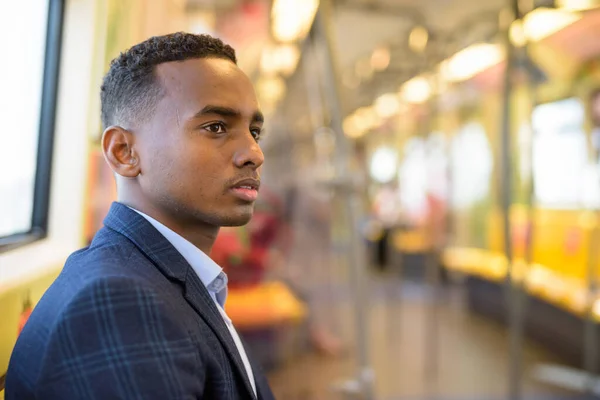 Portrait Young Handsome African Businessman Wearing Suit Train City — Stock Photo, Image