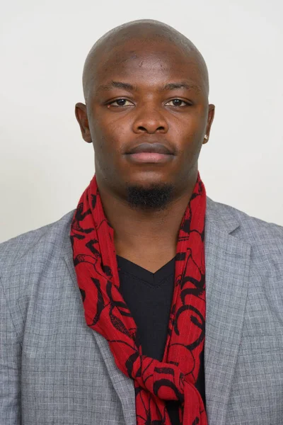 Studio Shot Young Handsome Bald African Businessman Suit Wearing Scarf — Stockfoto