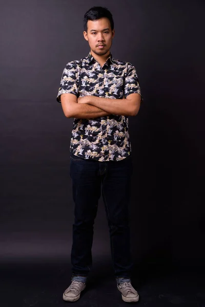 Studio Shot Young Asian Tourist Man Bohemian Shirt Black Background — 스톡 사진