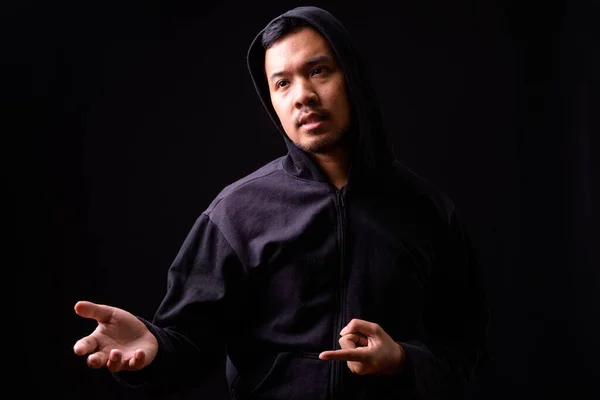 Studio Shot Young Asian Man Wearing Hoodie Black Background — Stock Photo, Image