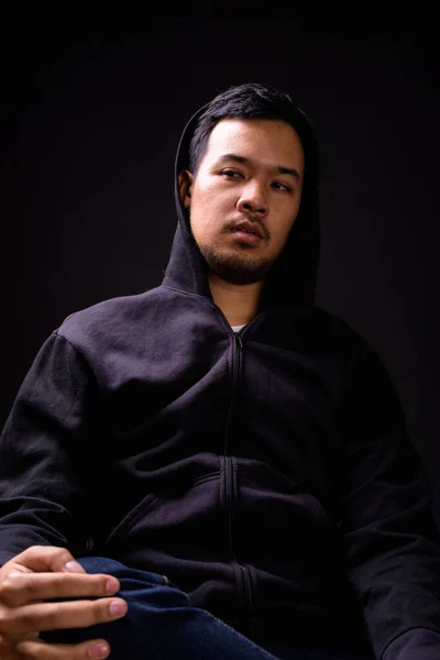 Studio Shot Young Asian Man Wearing Hoodie Black Background — 스톡 사진